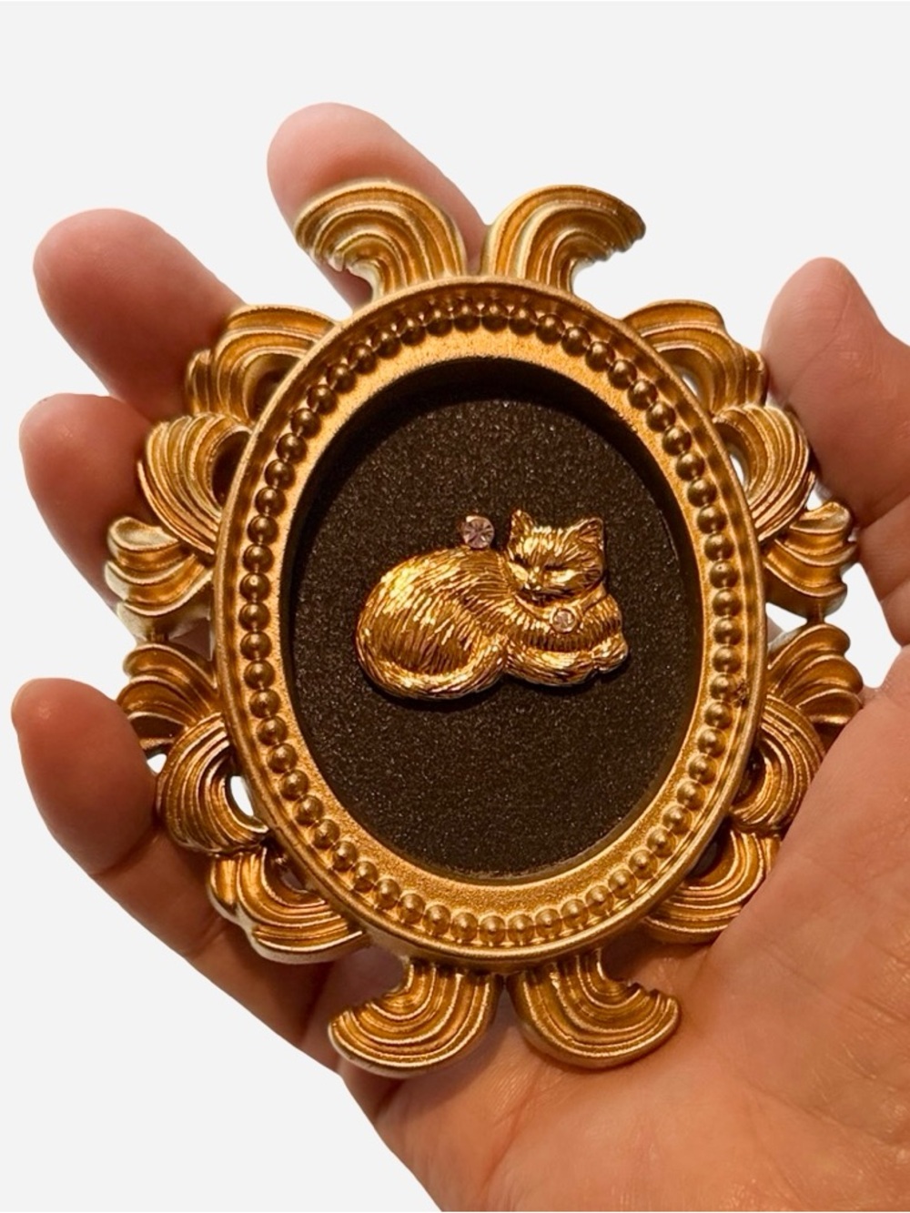 Vintage Gold Tone Cat Mini Frame • Swarovski Crystal • Tiny Art Decor